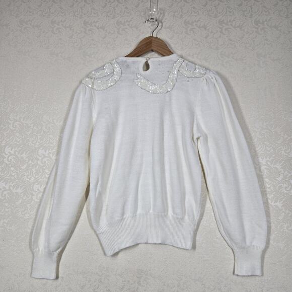 VTG Beaded TanJay Sweater sz L Ivory Off White Pearls Sequins - Picture 7 of 14